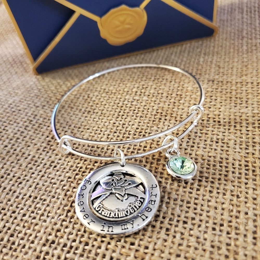 Hand-crafted Grandmother Foever in my heart + Birthstone charm Bangle Bracelet
